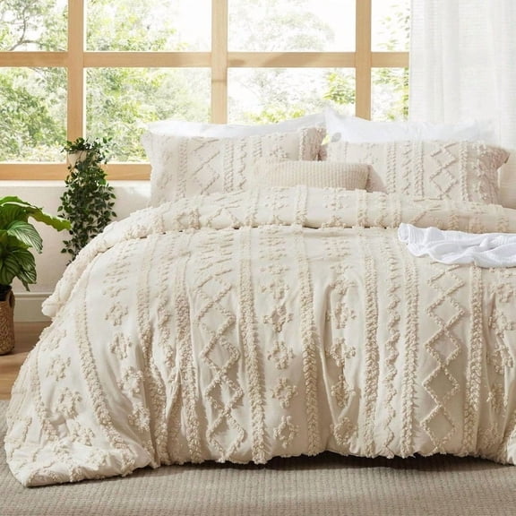 Tufted Boho Comforter Set Queen Size Beige Boho Bed Set GentleSoft 3 Pieces Farmhouse Shabby Chic Embroidery Bedding Gifts for Woman Soft Jacquard Queen Comforter for All Seasons