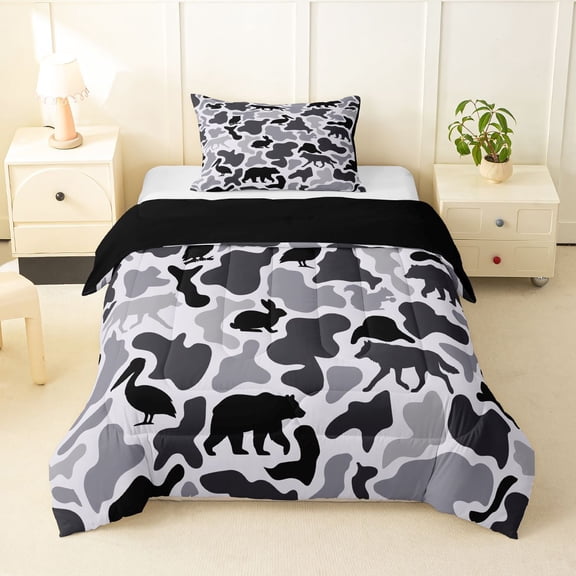 Manfei Retro Camo Twin Comforter Sets,Lovely Bear Bedding Set,White Black,Black Reversible,2-Piece,1 Comforter and 1 Pillowcase