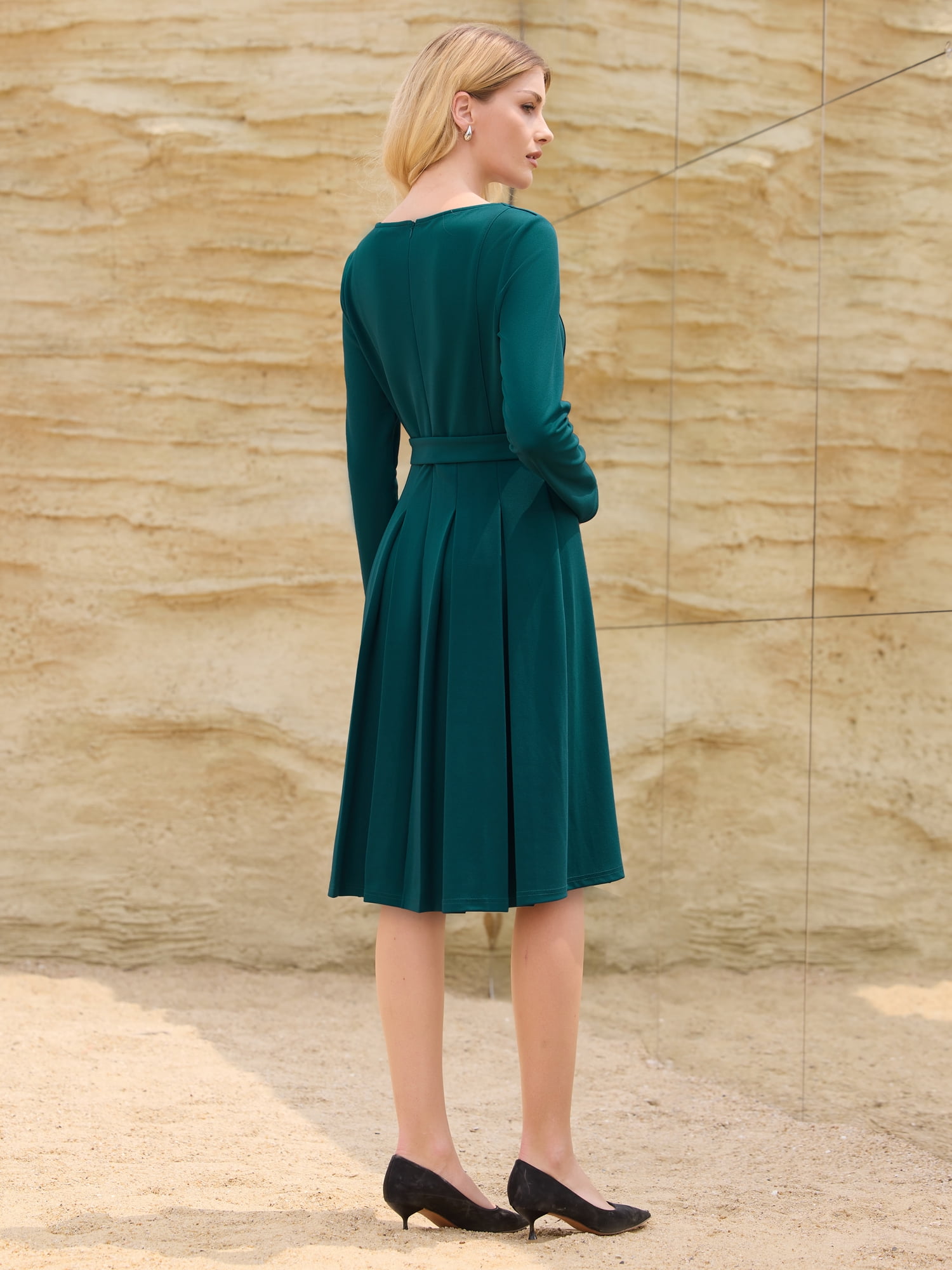 DARING DIVA Long Sleeve Pleated Crew Neck Belted A-Line Dress XL Blue Green