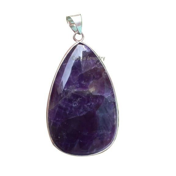 Solid 925 Sterling Silver Pendant For Men Women, Genuine Purple Amethyst Pear Big Gemstone Unique Handcrafted February Birthstone Gift