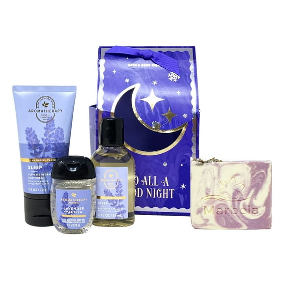 Bath & Body Works Aromatherapy Sleep Lavender   Vanilla To All A Good Night 3 Piece Travel Size Gift Bag Set with a Marbela Lavender Dream Bar Soap
