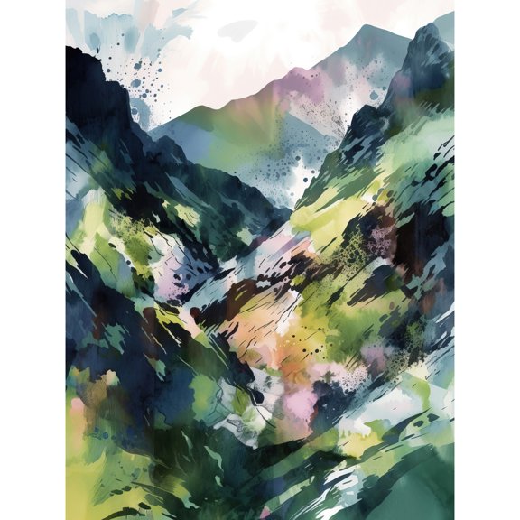 Spring Mountain Slope Landscape Modern Linocut Illustration Print Unframed Wall Art Print Poster Home Decor Premium