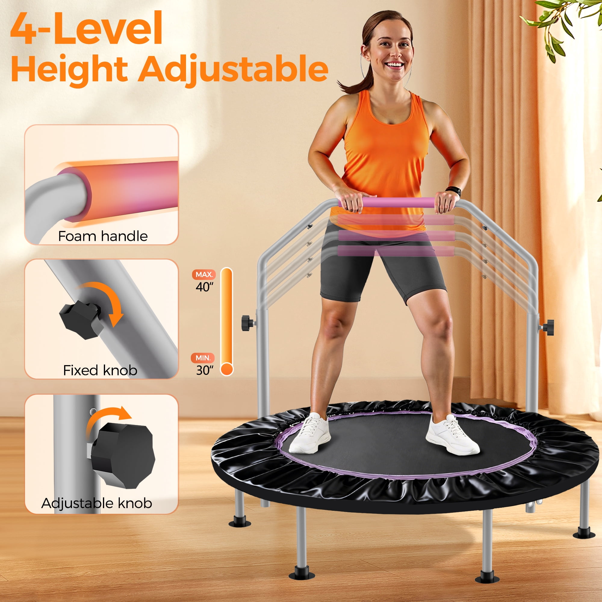 Tomile 40" Rebounder Trampoline, 440lbs Portable Fitness Bouncer with Loop Belt, Adjustable Handle, Suitable for Adults Exercise