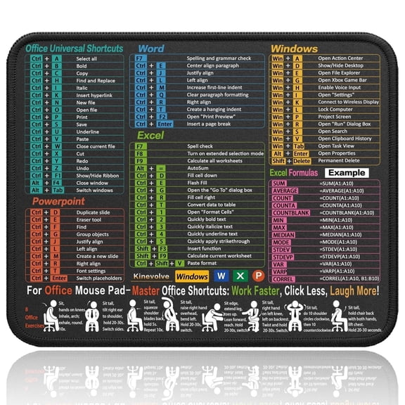 Excel Shortcuts Cheat Sheet Mouse Pad, 11.8×9.8 Inch Waterproof Non-Slip Stitched Desk Mat with Word PowerPoint Windows Shortcut Keys, Portable Office Gaming Small Computer Mousepad