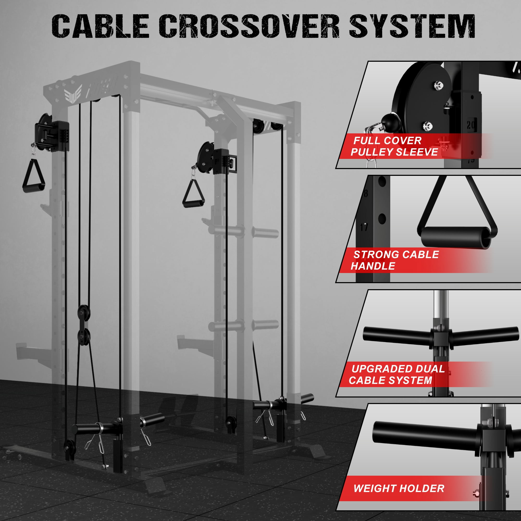 Multi-Function Power Rack Cage,2000lbs Dual Pulley Cable Crossover Machine with J Hooks, Dip Bars & Landmine for Home Gym