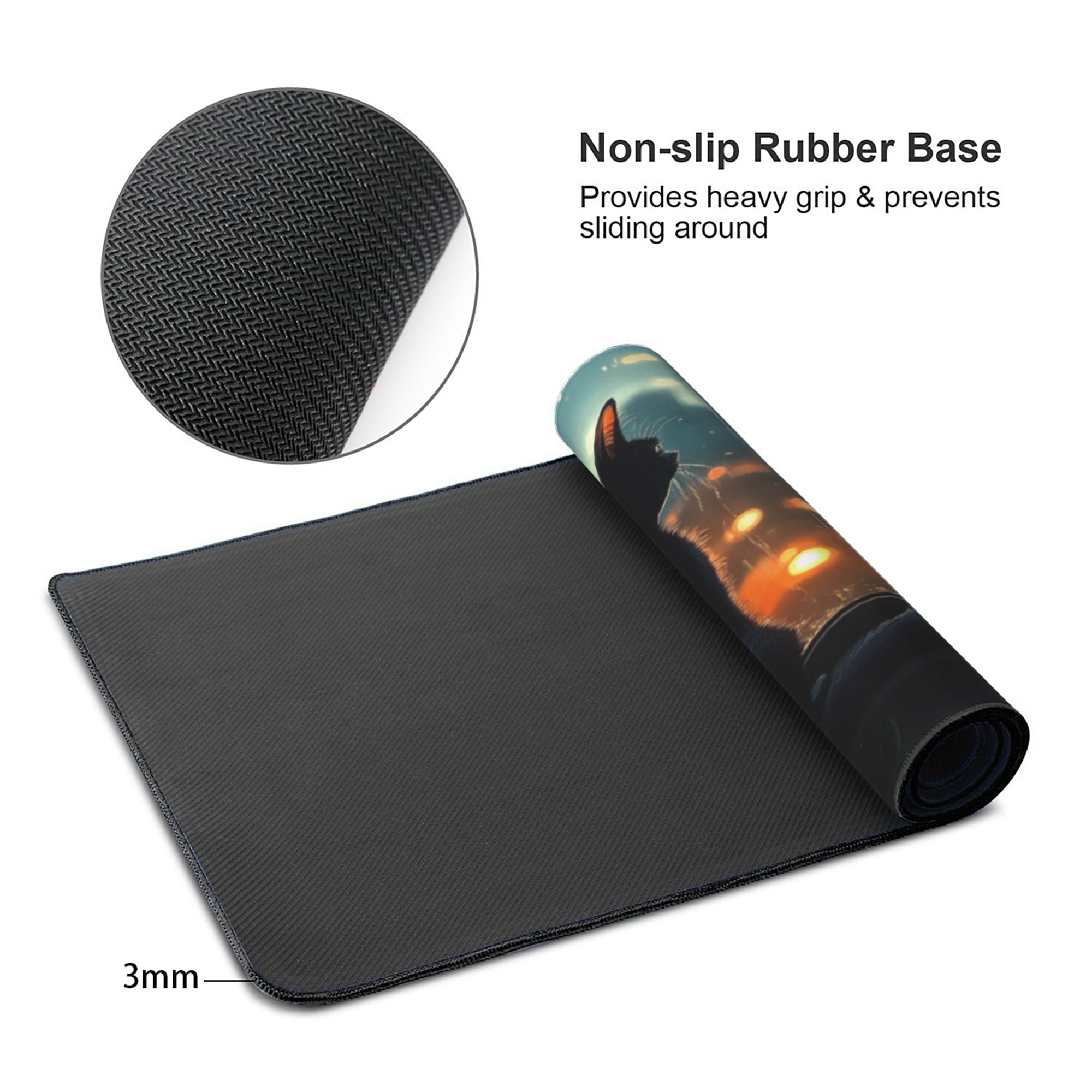 NEONWE Black Cat Gaming Mouse Pad Green Plants Japanese Anime Cute Large Desktop Mouse Pad with Stitched Edges Non-slip Rubber for Work Game Office Home, 3mm Thick, 31.5 X 15.75 Inch