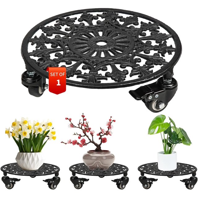 Support de Plante Roulant avec Roues 2 Pack Caddy de Plante en Métal Robuste 11 Pouces Support de Plante en Fer Forgé Rouleaux Ronds pour Grandes Plantes en Pot et Pot de Fleurs Noir