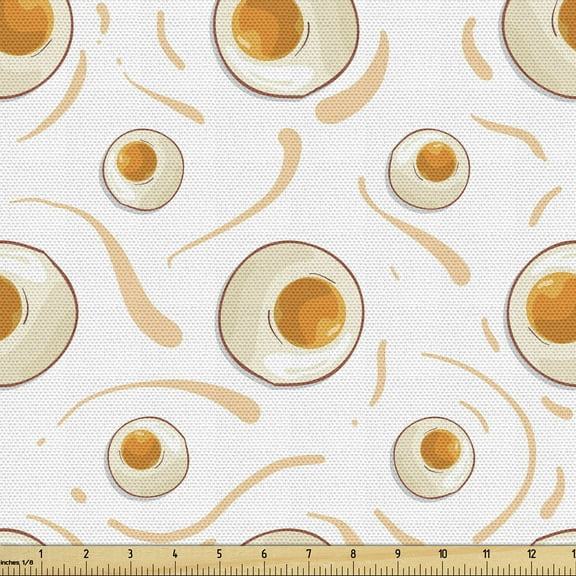 Ambesonne Egg Fabric by the Yard Upholstery, Fried Eggs Breakfast Pattern, 2 Yards, Marigold Peach and Cream