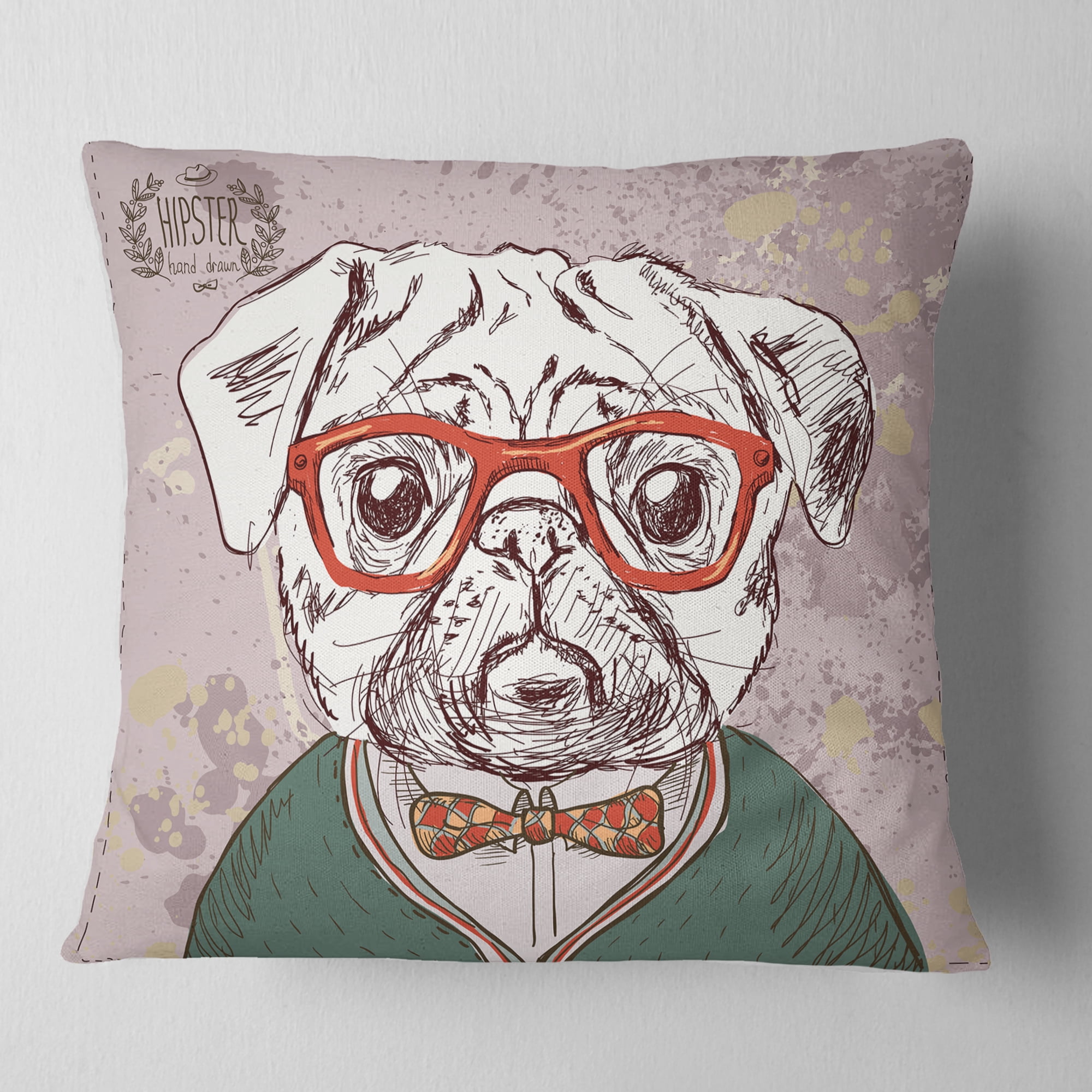 Designart Hipster Pug Dog in Vintage Style - Animal Throw Pillow - 18x18