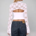 thumbnail image 5 of XIAONU Women's Sheer Lace Open Back Crop Top Slim Fit Bell Sleeve Neck Blouse Elegant Party Clubwear Tunic, 5 of 7
