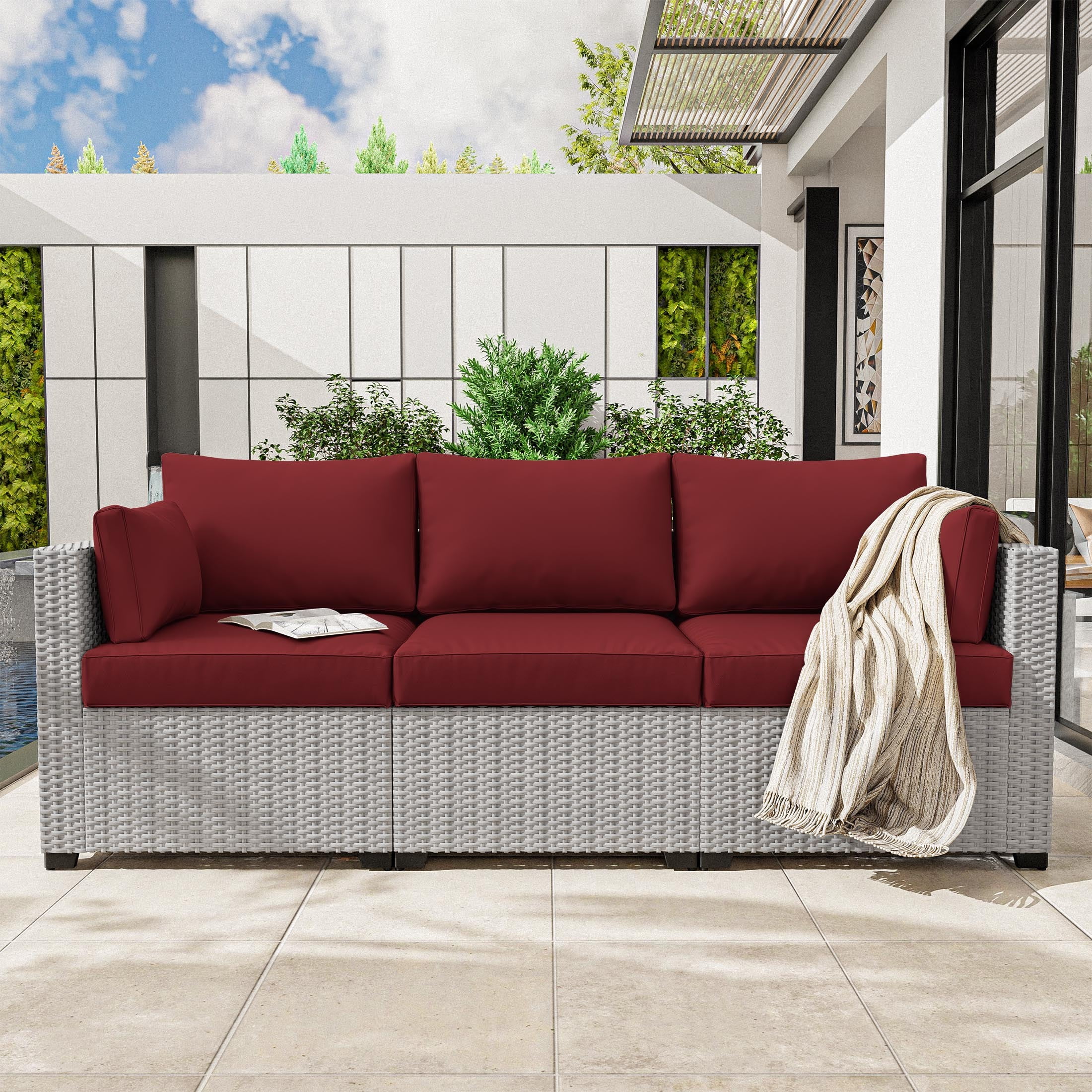 Pakunoda Outdoor Cushions Replacement, 8 Piece Sectional Cushion Fits 3-Seat, 4” Foam Deep Seat, for Patio Rattan Wicker Replacement Cushion, Liner&Cover, Burgundy