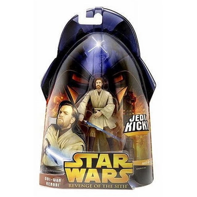 hasbro star wars jedi obi-wan figura de acción multicolor en empaque frontal; Obi-Wan Kenobi con túnica Jedi y sable láser azul visible, ilustraciones que evocan el planeta Mustafar en el fondo y logo Star Wars en la base.