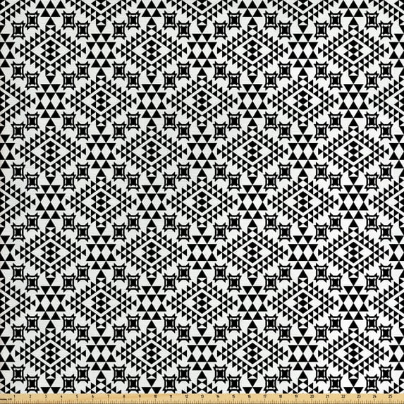 Ethnic Fabric by the Yard, Motifs in Black and White with Triangles National Art Design Folklore, Decorative Upholstery Fabric for Sofas and Home Accents, Black White by Ambesonne