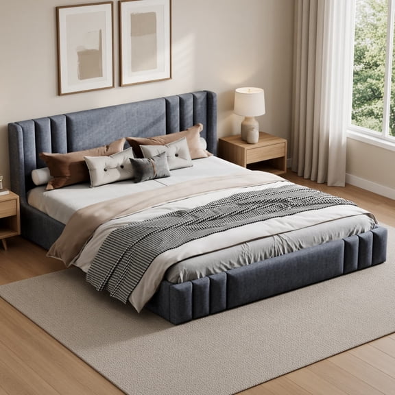 Queen Size Upholstered Platform Bed Frame with Wingback Headboard, Soft Padded Bed Frame, Modern Upholstered Bed for Master Bedroom Guest Room Apartment, Sturdy Support, Gray