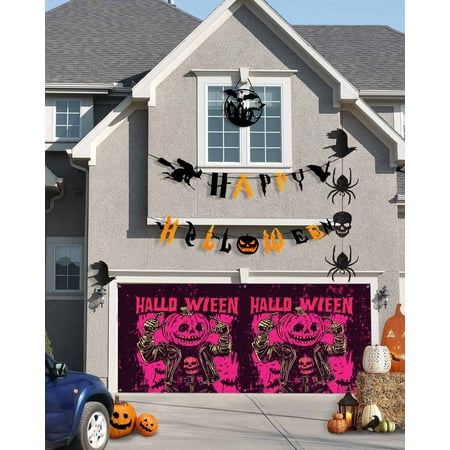 Halloween Garage Door Banner Cover 7 x 8 ft, Halloween Pink Pumpkin Skull Leather JacketHorror Hand Drawn Garage Door Decorations Holiday Halloween Backdrop Decor for Halloween Party