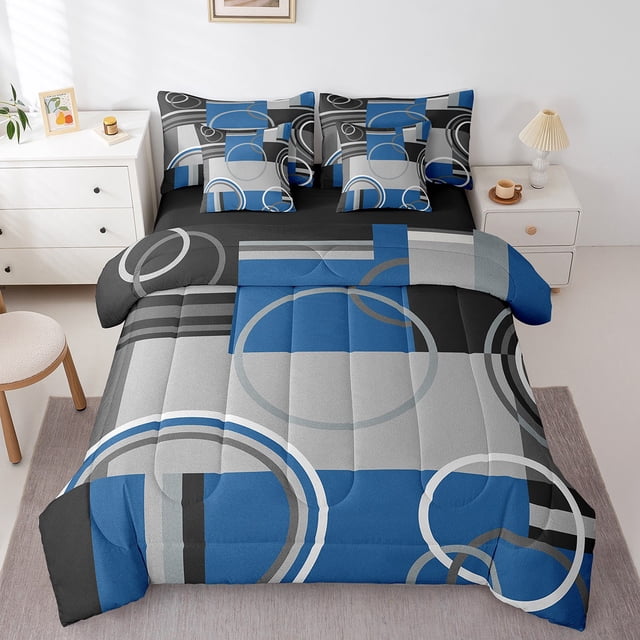 Erosebridal Ensemble de Literie Géométrique Tout-en-un Format Simple pour Ados, Ensemble de Lit Moderne Minimaliste, Literie Réversible Abstraite à Cercles Format Simple, Déco de Chambre Super Douillette, 7 Pcs