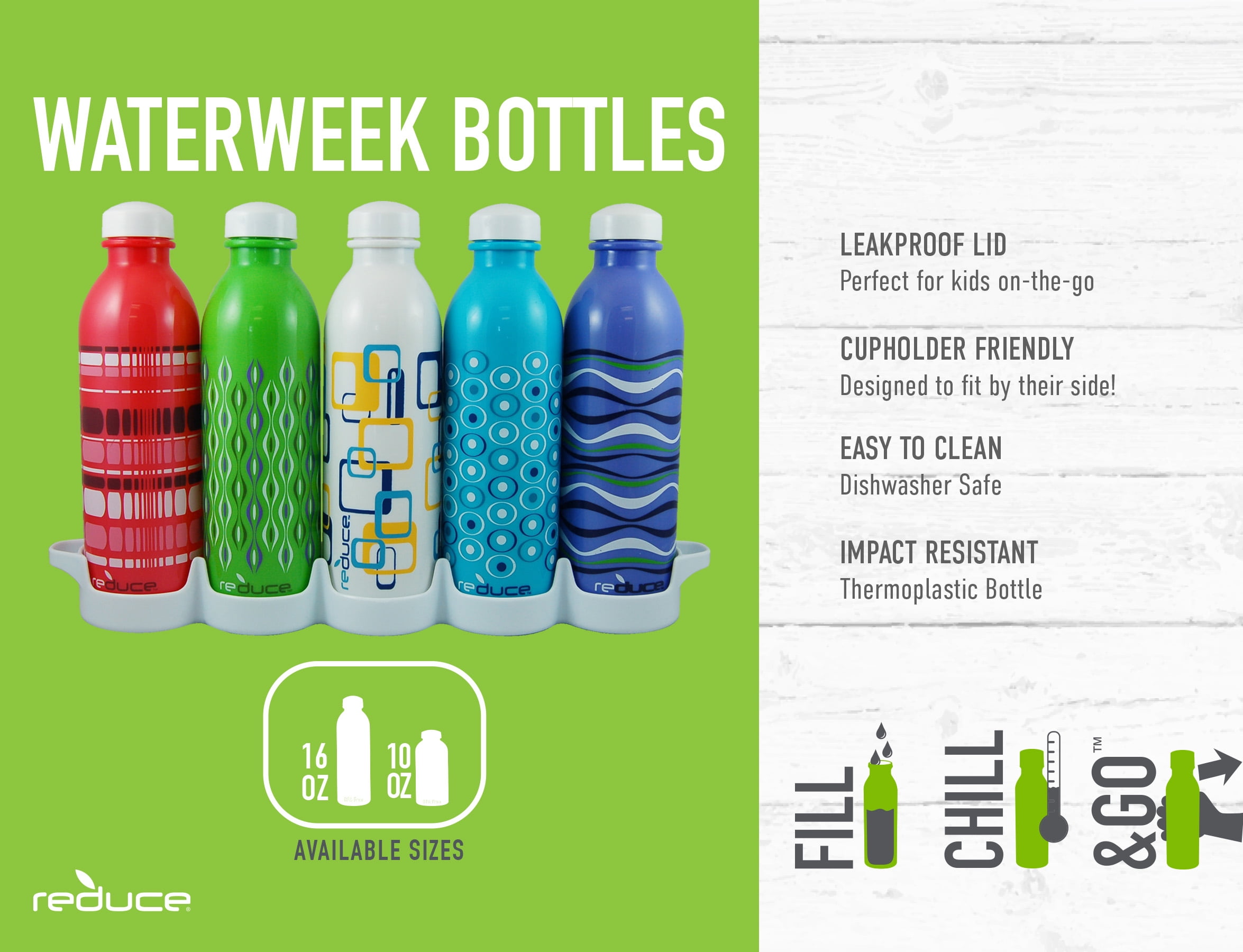 Reduce WaterWeek Reusable Water Bottle Set, 20oz ・Plastic Reusable Water Bottle Set of 5, Plus Fridge Tray ・BPA-Free, Leak Proof