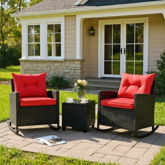 YYAo Patio Seating Sets,Outdoor Living Room Sets,3-Piece Patio Rattan Roker Chairs with Tempered Glass Table and Soft Cushions-Red