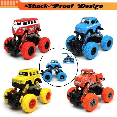 4 Pack Pull Back Truck Toys, Stunt Friction Powered Cars for Kids, Push and Go Vehicles Toddler Toys for Aged 3-12 Year Old Boys & Girl