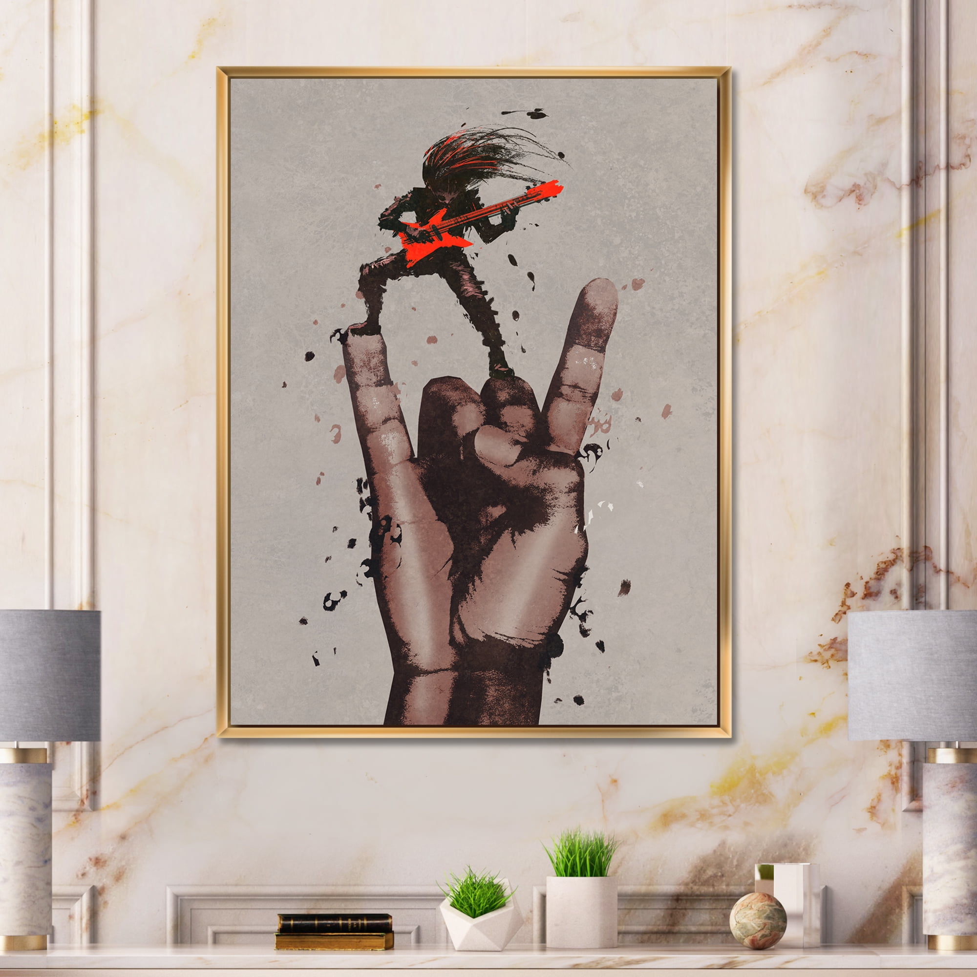 Designart 'The Guitarist On Rock and Roll Sign' Modern Framed Canvas Wall Art Print