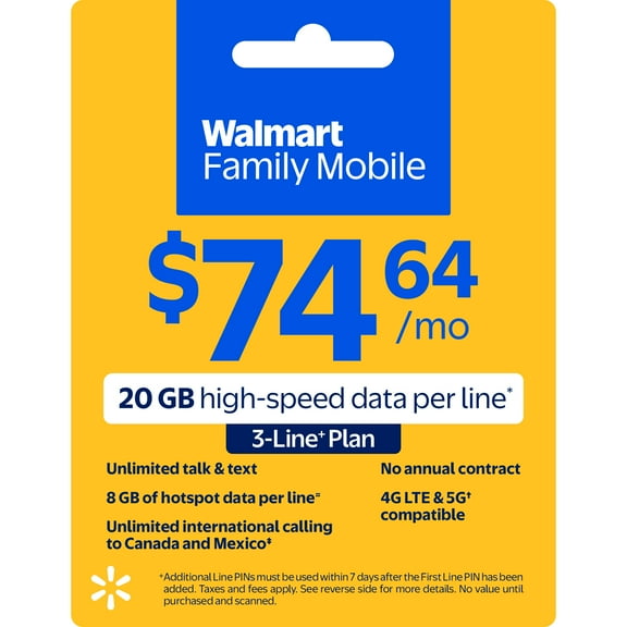 Walmart Family Mobile $74.64 Unlimited Talk & Text 3-Line Monthly Prepaid Plan (20 GB at High Speed, then 2G*) e-PIN Top Up (Email Delivery)