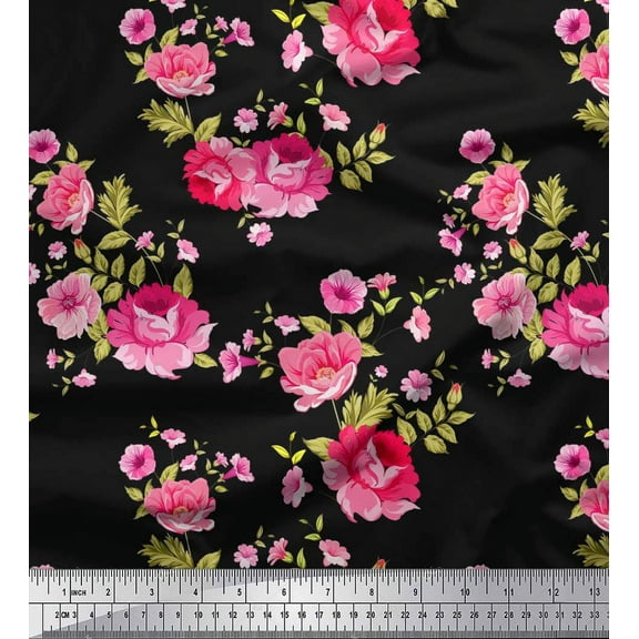 Soimoi Cotton Duck Fabric Leaves,Rose & Peony Floral Decor Fabric Printed Yard 42 Inch Wide
