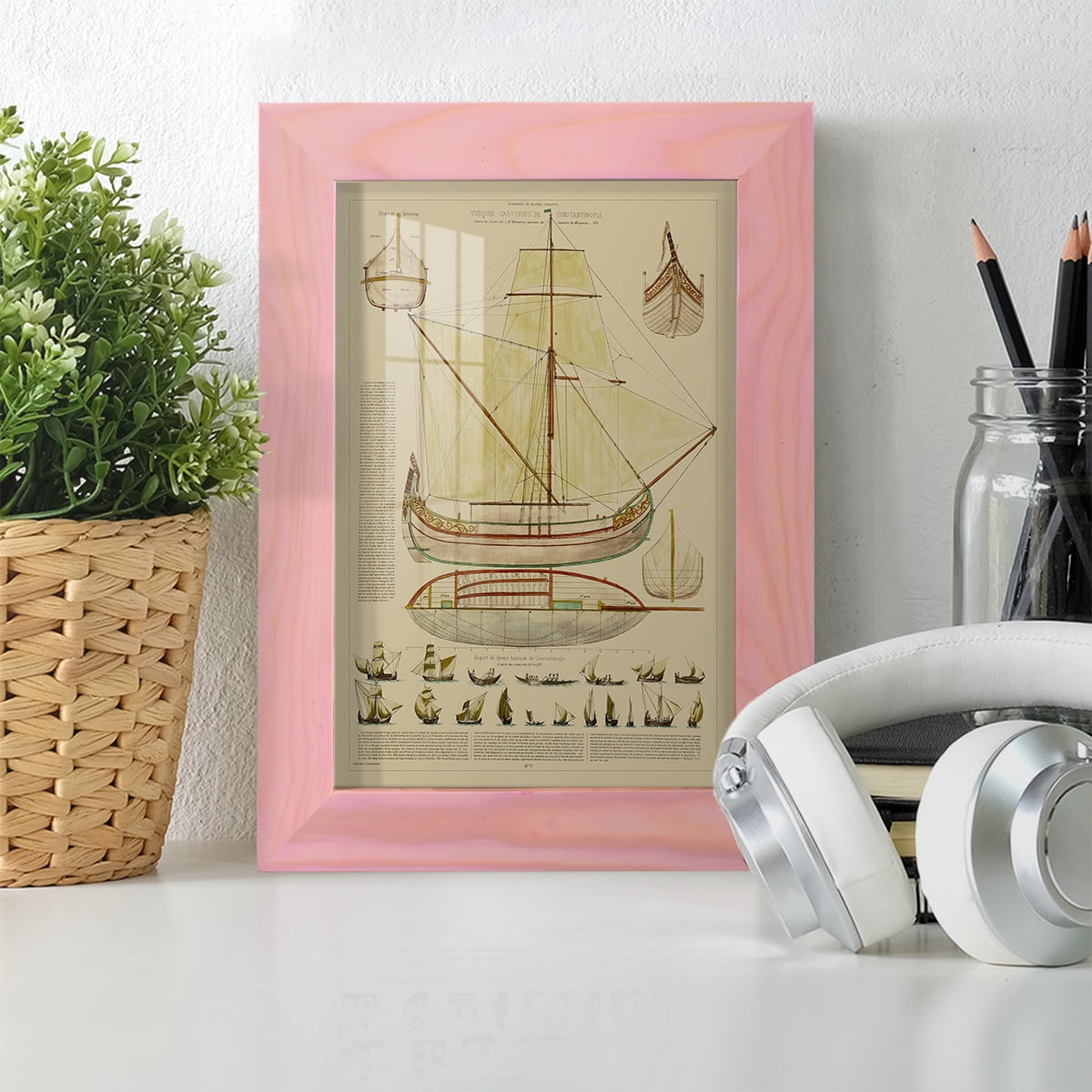 Antique Ship Plan I -Framed Print w/glass-Sunset Pink
