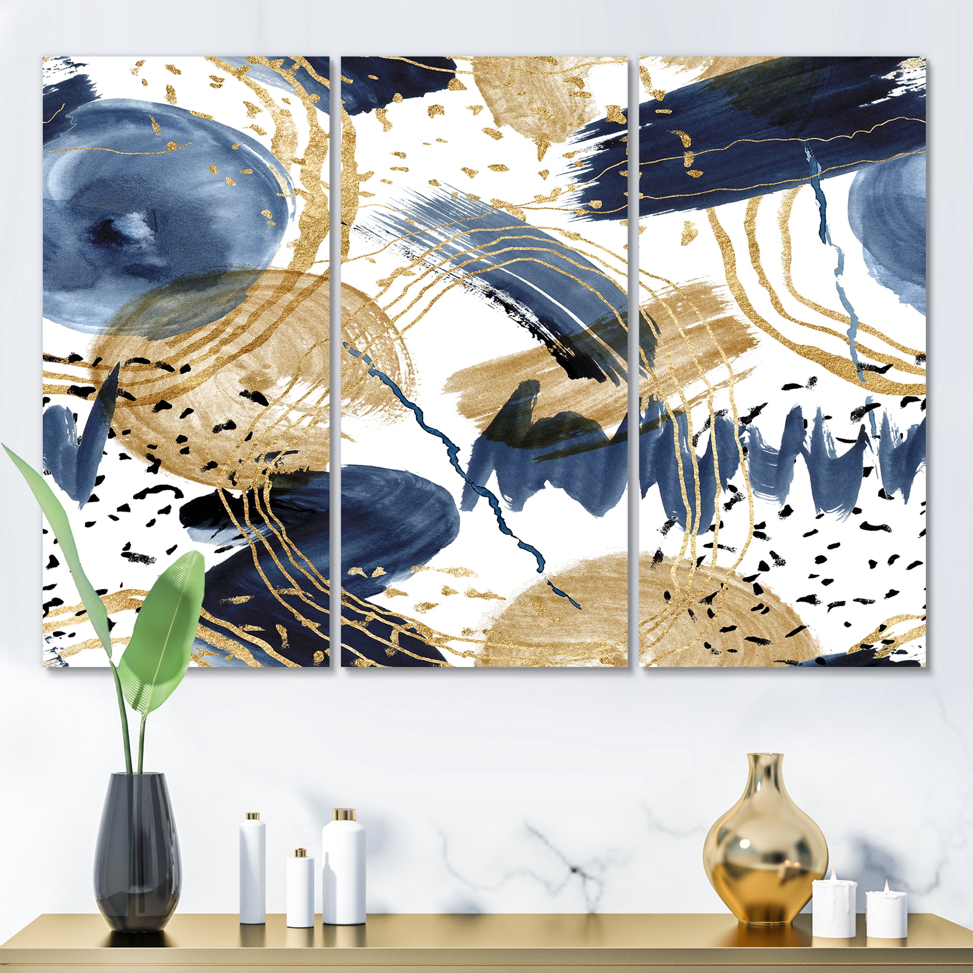 Designart ' Dark Blue & Golden Textures With Abstract Pattern ' Modern Canvas Wall Art Print