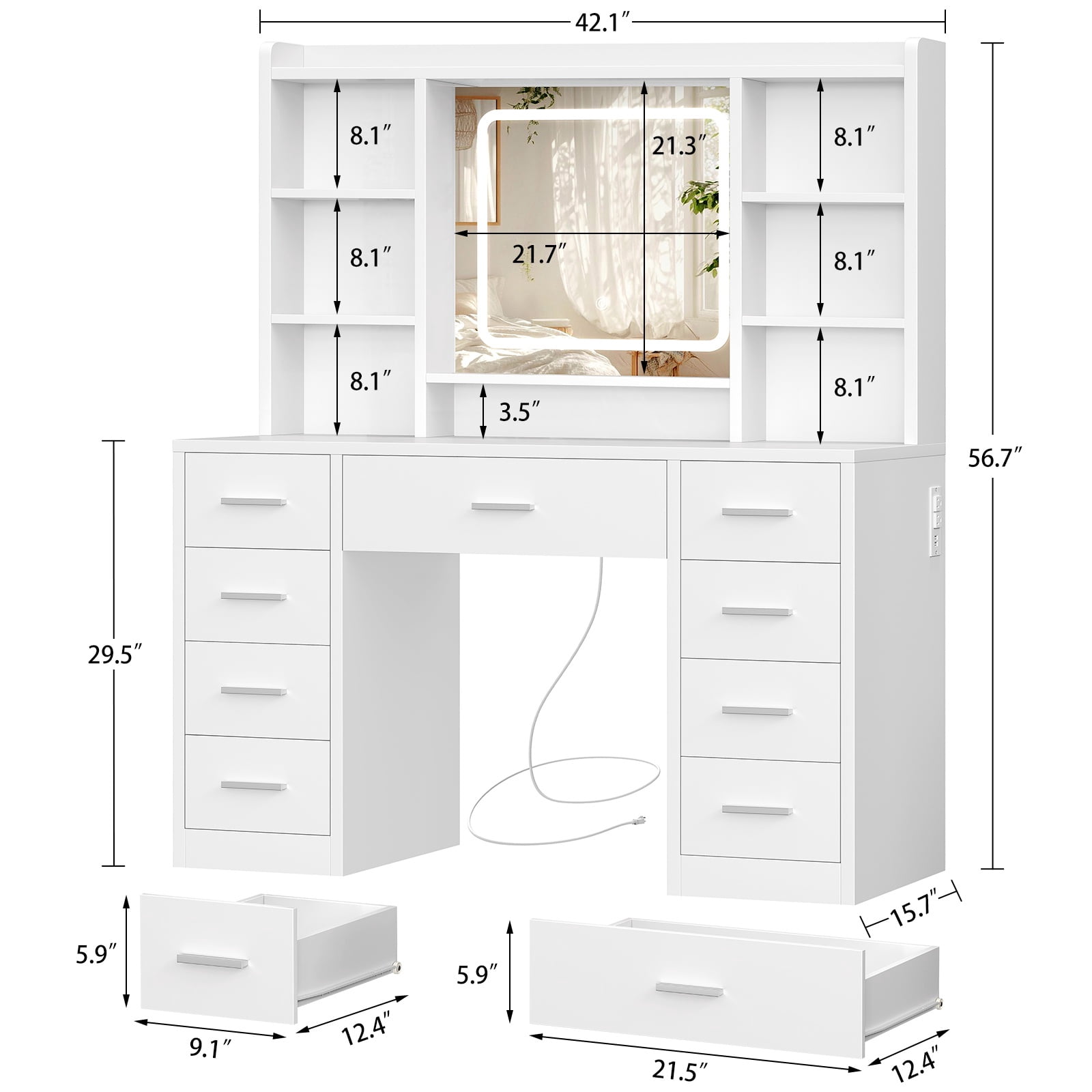 Makeup Vanity Set with Mirror and Lights , Vanity Table with 9 Drawers and 7 Storage Shelves, Vanity Desk for Bedroom, Dressing Room, White
