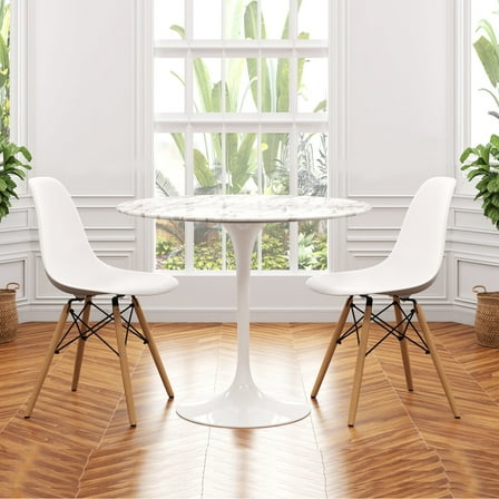 Modholic Tulip 40" Marble Dining Table & Set Of 2 Eiffel Chairs, White