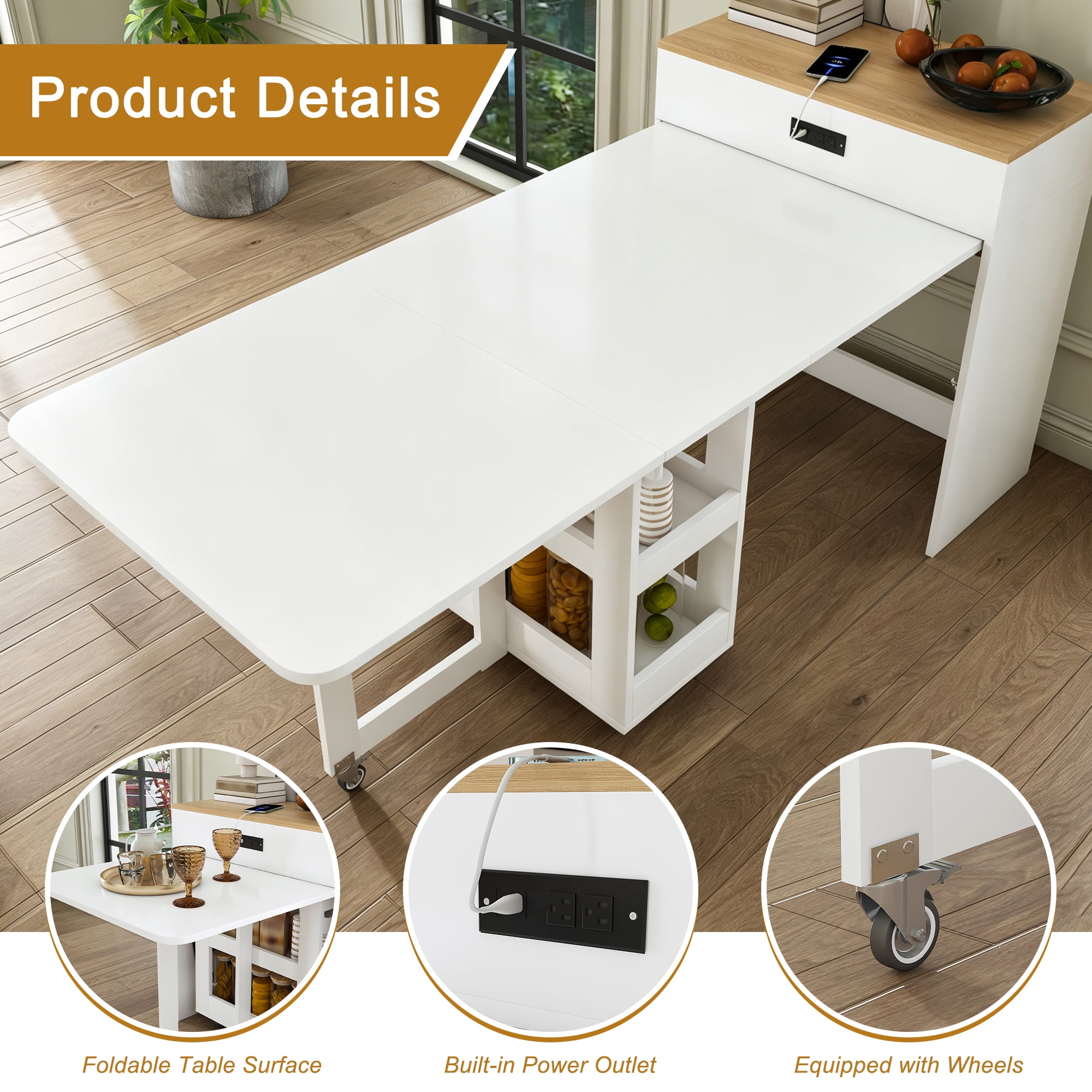 Mintazer Expandable Rolling Kitchen Island Dining Table with Power Outlet, Multi‑Mode Telescopic Folding Table with Lockable Casters & Storage Compartments for Small Apartment, White