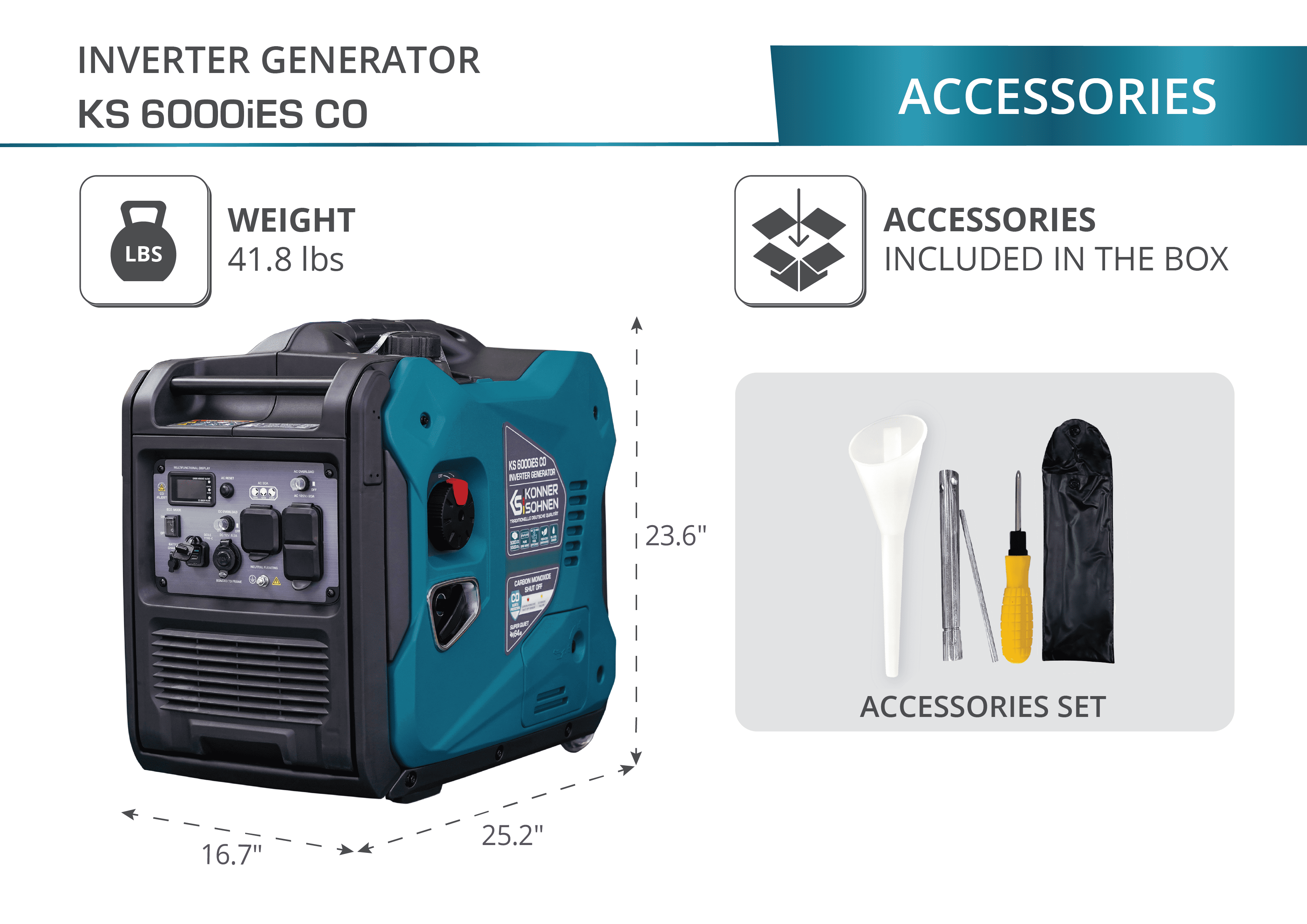 Konner & Sohnen Gasoline Inverter Generator 5500 Watt 120V Quiet CO Sensor Foldable Handle Wheels Multiple Outlets