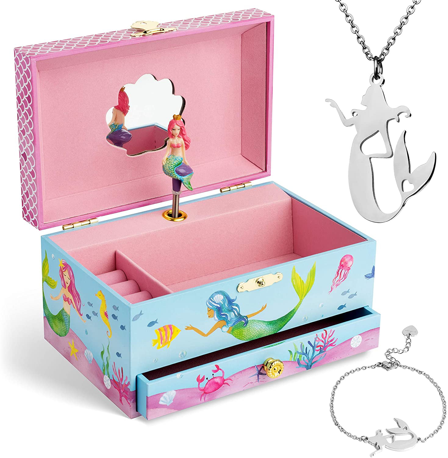 Mermaid Jewelry Storage Music Box Mirror Underwater Ocean Sea Keepsake Girl Gift 
