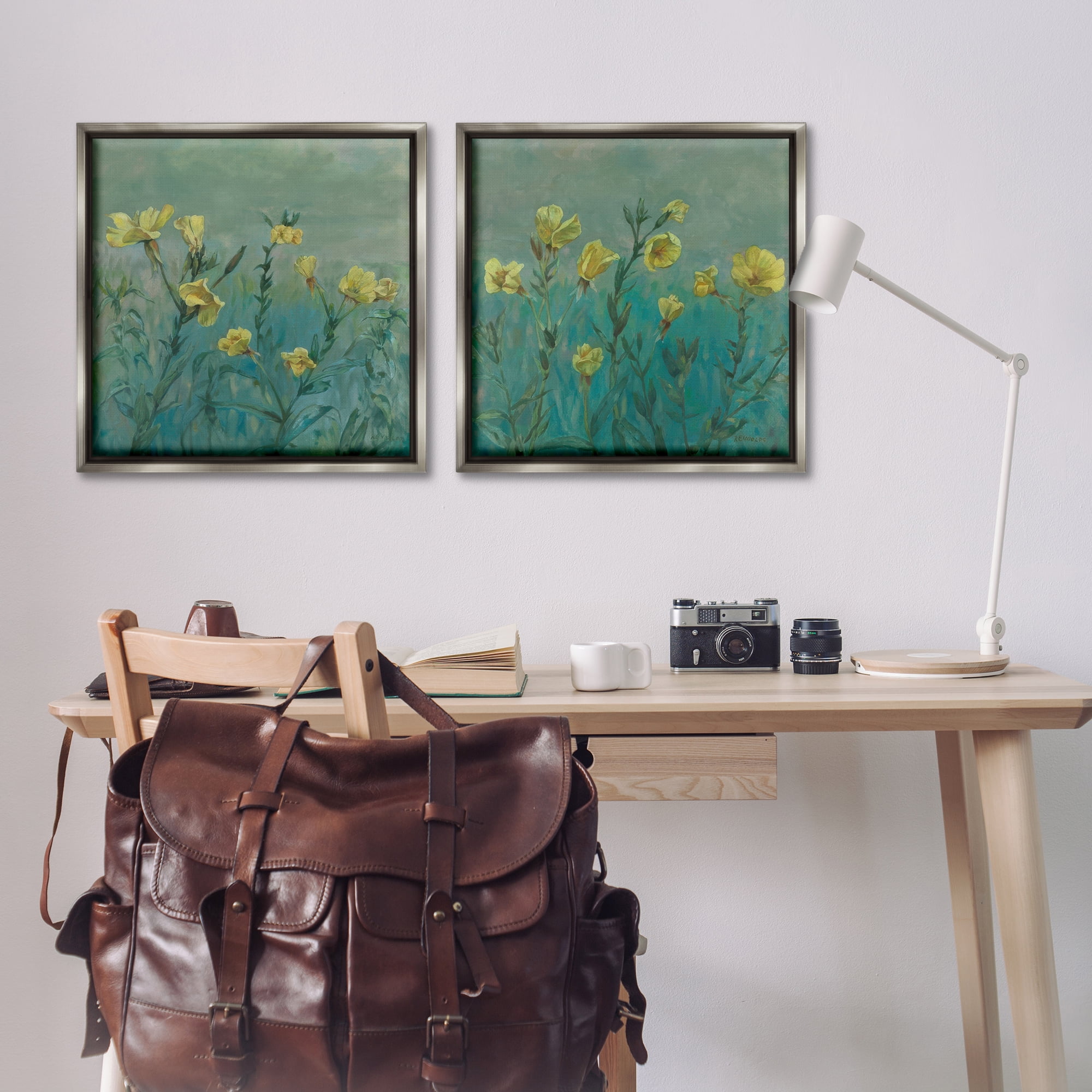 Stupell Industries Evening Primrose Flower Unfurling Plants & Flowers Painting Gray Floater Framed Canvas Art Print Wall Art, 25 x 25, Set of 2