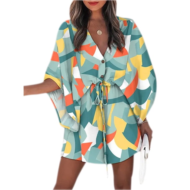 SAYOO Vestido Casual con Cuello en V para Mujer, Manga Media Hoja/Floral/Estampado Irregular Patrón Botón Pecho Cintura Elástica Falda de Una Pieza SAYOO casual