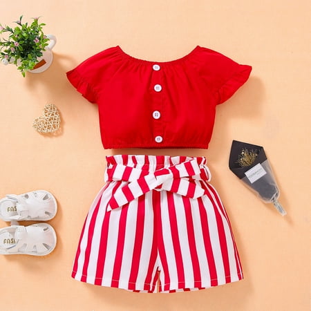 

Hunpta Baby Kids Girl s Outfits Solid Color Short Sleeve O Neck Crop Casual Button Tops+Stripe Print Shorts 2PCS Clothes Set
