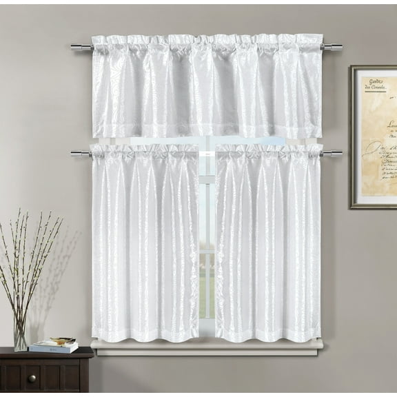 Serafina Home 3 Pc Kitchen Window Curtain Set: Faux Silk, Raised Pin Dots, Floral Design (White)