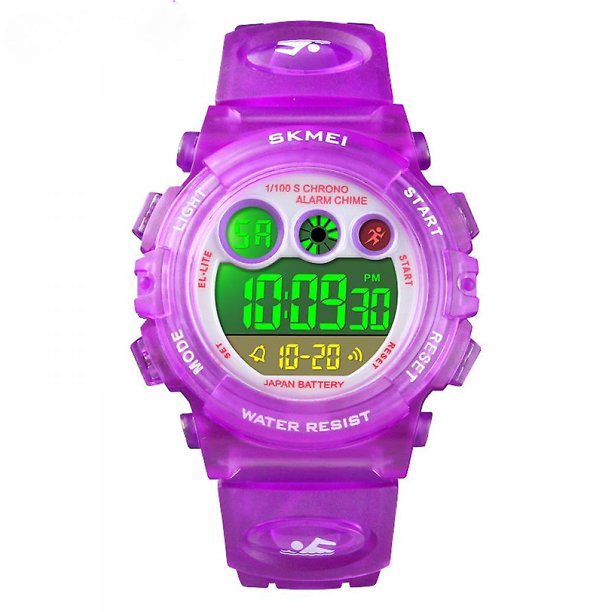 Reloj deportivo digital para niños, resistente al agua, multifunción, electrónico, casual, para exteriores, 7 coloridos LED luminosos, alarma, cronómetro, reloj de pulsera (púrpura) Feliz Sencillez