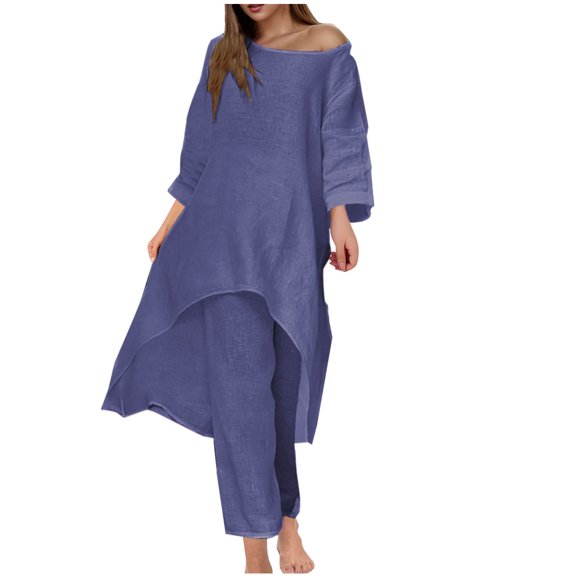 Oplxuo Fall 2 Piece Outfits for Women Cotton Linen Oversized High Low Tunic Shirt with Long Pants Matching Lounge Tracksuit