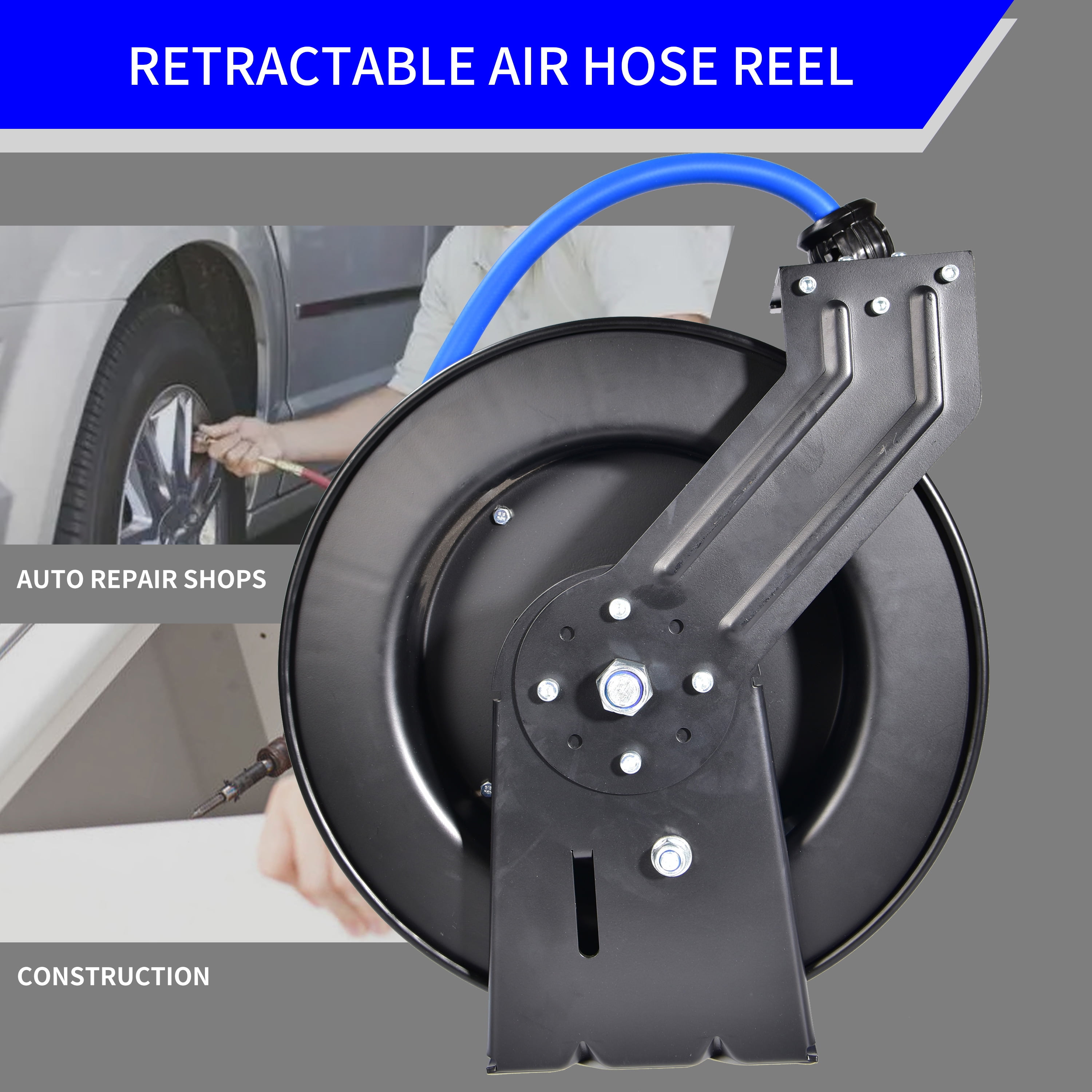 Retractable Air Hose Reel, 1/2 Inch x 50' Ft Wall Mount Auto Rewind Hoseu- Reel, Max pressure 300 psi, Blue 