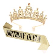 SKYSONIC Red and Black Birthday Tiara and Sash Set for Women, Rhinestone Crown and Sash for Birthday Queen Party Decorations.