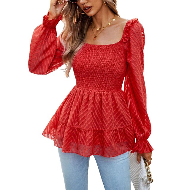 ZAXARRA Women's Scoop Neck Smocked Tops Ruffle Long Sleeve Textured T-Shirts Peplum Blouses