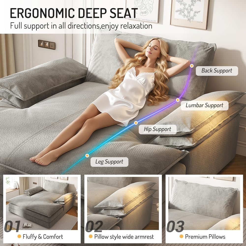 80'' Oversized Chaise Lounge Chair Indoor, Cloud Sofa Couch, Modern Deep Seat Recliner, Upholstered Chenille Sleeper Loveseat with Large Pillow Arms for Living Room, Apartment, Balcony, Grey