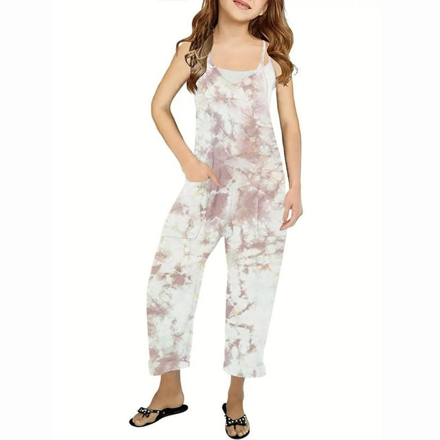 RXIRUCGD Girls Casual Jumpsuits Sleeveless Summer Rompers Long Pants With Pockets For 5-14 Years( Multicolor, Size:11-12 Years )