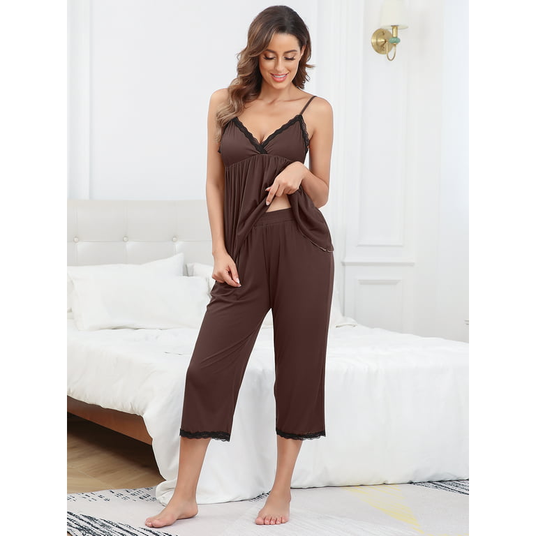Women's Soft Modal Pajamas Sets V Neck Flowy Cami Long Pants