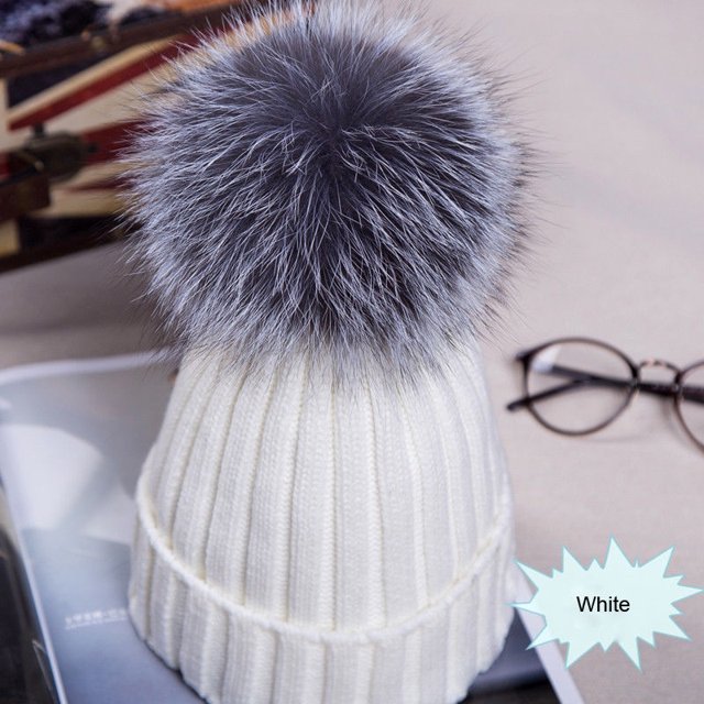 ITFABS Ladies Knitted Woolen Cap Solid Color Furry Ball Thick Stylish Hat