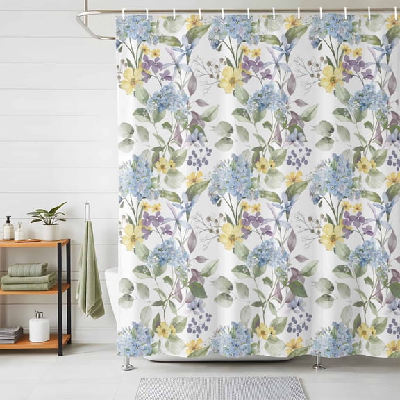 Shower Curtain Blue Hydrangea Leaves Shower Curtains for Bathroom Decor, Waterproof Polyester Shower Curtain Set with Hooks, Standard Size 72" x 72" Yellow Wildflowers