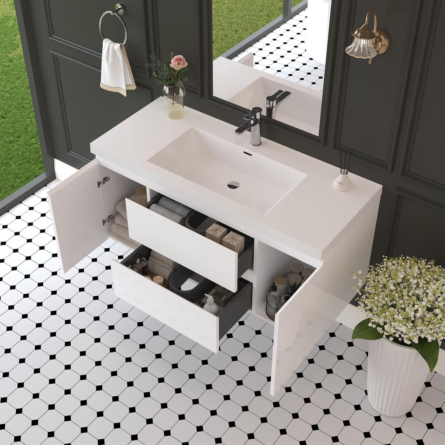 Demi Bonn 48" Floating Bathroom Vanity with Sink, Resin Top Basin and 2 Soft Close Drawers, 2 Storage Cabinet, Faucets and Drains Not Included, White