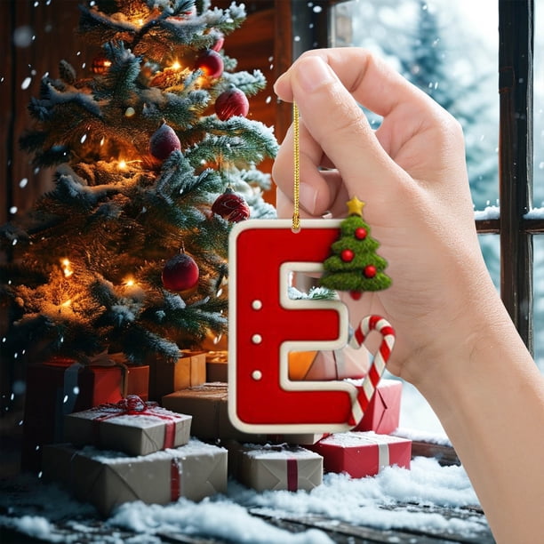 Colgante de Árbol de Navidad Acrílico 2D | Adorno con Iniciales de 26 Letras | Decoración Navideña de Doble Cara para Árbol de Navidad, Hogar, Mochila y Coche | Regalo Familiar para Fiestas de Navida