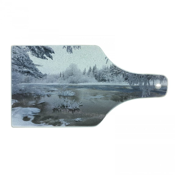 Winter Cutting Board, Nordic Snow Nature Lake Idyllic Finland Icy Cold Forest Scandinavian Landscape, Tempered Glass Cutting and Serving Board, Wine Bottle Shape, White Dark Taupe, by Ambesonne